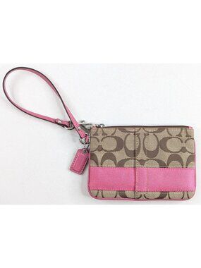Coach F53536 Signature Wristlet Khaki Brown Fabric - Pink Trim & Silver Hardware